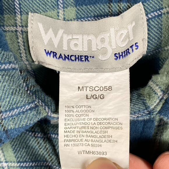 Wrangler Wrancher Flannel Pearl Snap Shirt Men's Large Green Blue Plaid Western - Picture 4 of 7